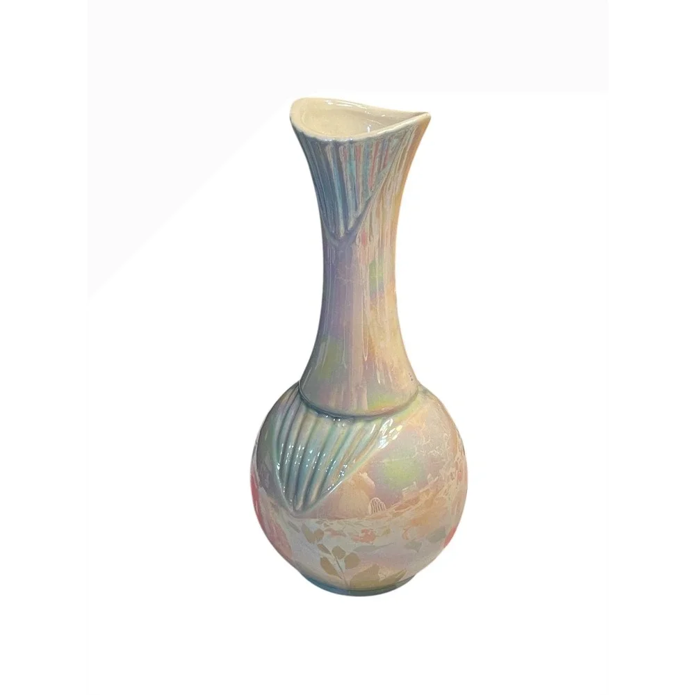 Vtg Iridescent Ceramic Vase 12